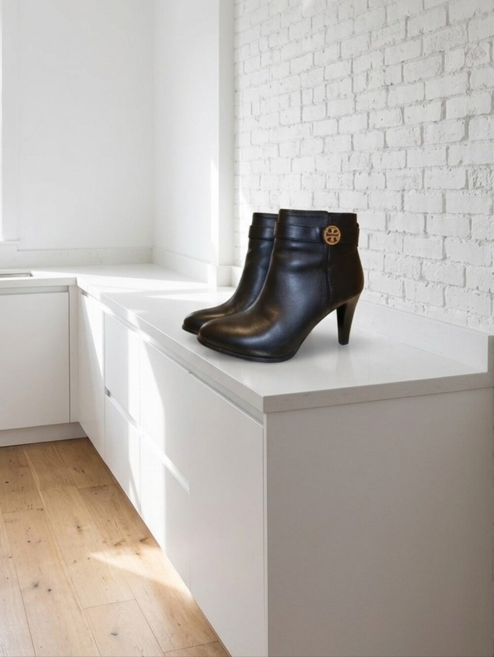 Tory Burch Black Leather Ankle Booties with Gold Logo